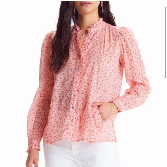 Banjanan Coral Pink Floral Ruffle Button-Front Blouse - Picture 2 of 8
